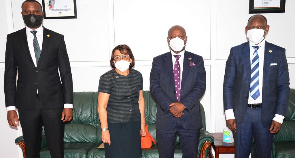 [L-R] Rotarian Fredrick Kitakule, May Virji, Hon. Mike Kennedy Sebalu and Prof. Barnabas Nawangwe after the meeting at the Office of Vice Chancellor on 8th October 2021.